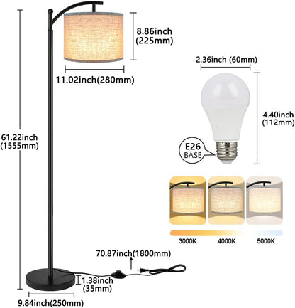 Floor Lamp for Living Room with 3 Color Temperatures LED Bulb, Standing Lamp Tall Industrial Floor Lamp Reading for Bedroom, Office (9W LED Bulb, Beige Lampshade Included) -Black