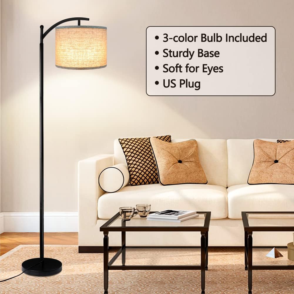 Floor Lamp for Living Room with 3 Color Temperatures LED Bulb, Standing Lamp Tall Industrial Floor Lamp Reading for Bedroom, Office (9W LED Bulb, Beige Lampshade Included) -Black