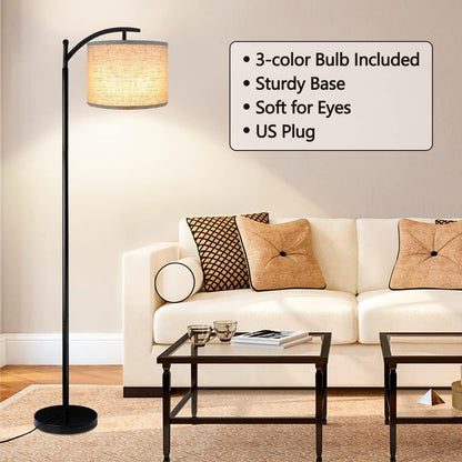 Floor Lamp for Living Room with 3 Color Temperatures LED Bulb, Standing Lamp Tall Industrial Floor Lamp Reading for Bedroom, Office (9W LED Bulb, Beige Lampshade Included) -Black