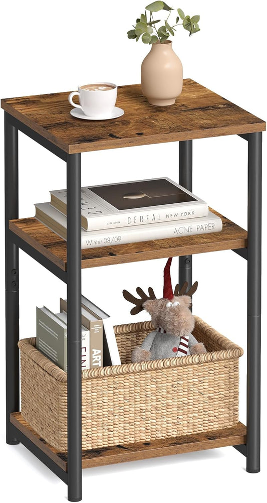 Side Table, Small End Table, Tall Nightstand for Living Room, Bedroom, Office, Bathroom, Rustic Brown and Classic Black 