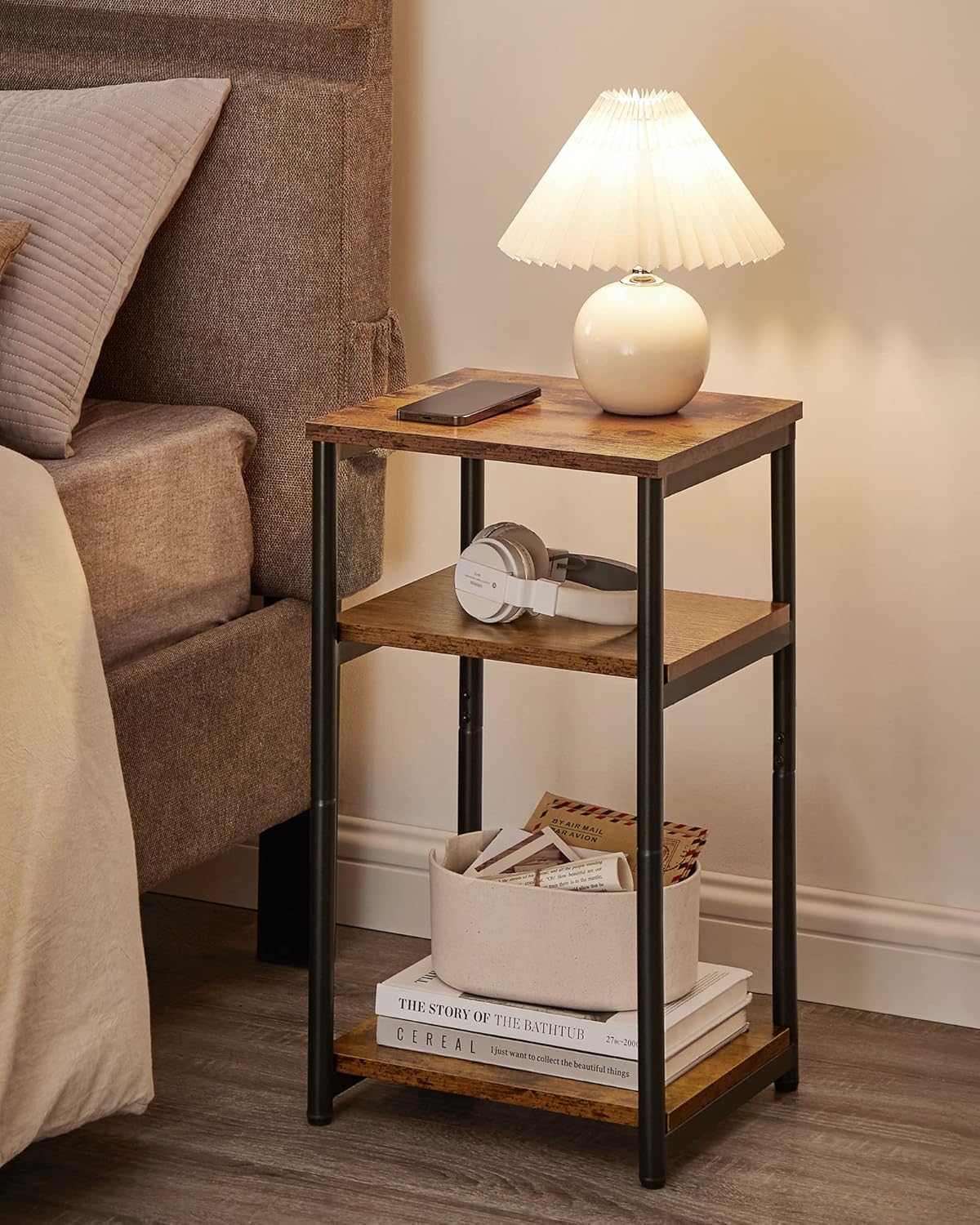 Side Table, Small End Table, Tall Nightstand for Living Room, Bedroom, Office, Bathroom, Rustic Brown and Classic Black