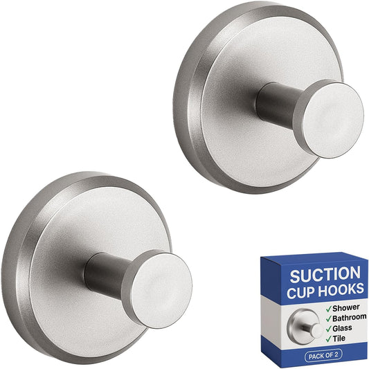 Suction Cup Hooks for Shower, Bathroom, Kitchen, Glass Door, Mirror, Tile – Loofah, Towel, Coat, Bath Robe for Hanging up to 15 lbs – Polished Matte Chrome, Brushed Nickel (2-pack) 
