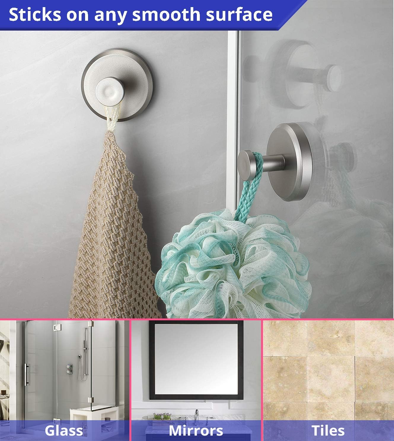 Suction Cup Hooks for Shower, Bathroom, Kitchen, Glass Door, Mirror, Tile – Loofah, Towel, Coat, Bath Robe for Hanging up to 15 lbs – Polished Matte Chrome, Brushed Nickel (2-pack)