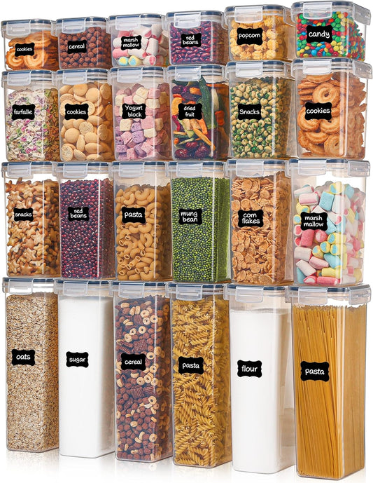 Airtight Food Storage Containers with Lids, Vtopmart 24 pcs Plastic Kitchen and Pantry Organization Canisters for Cereal, Dry Food, Flour and Sugar, BPA Free, Includes 24 Labels 