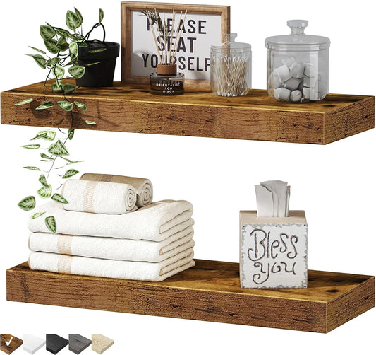 Bathroom Floating Shelves for Wall Mounted Shelf Over Toilet Farmhouse Home Decor Display Shelving Small 16 inch Set of 2, Rustic Brown 