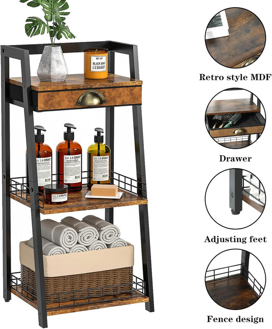 3-Tier Bathroom Storage Shelves with Drawer, Floor Bathroom Organizers and Storage, Freestanding Shelving Unit, Open Floor Stand for Living Room Laundry 