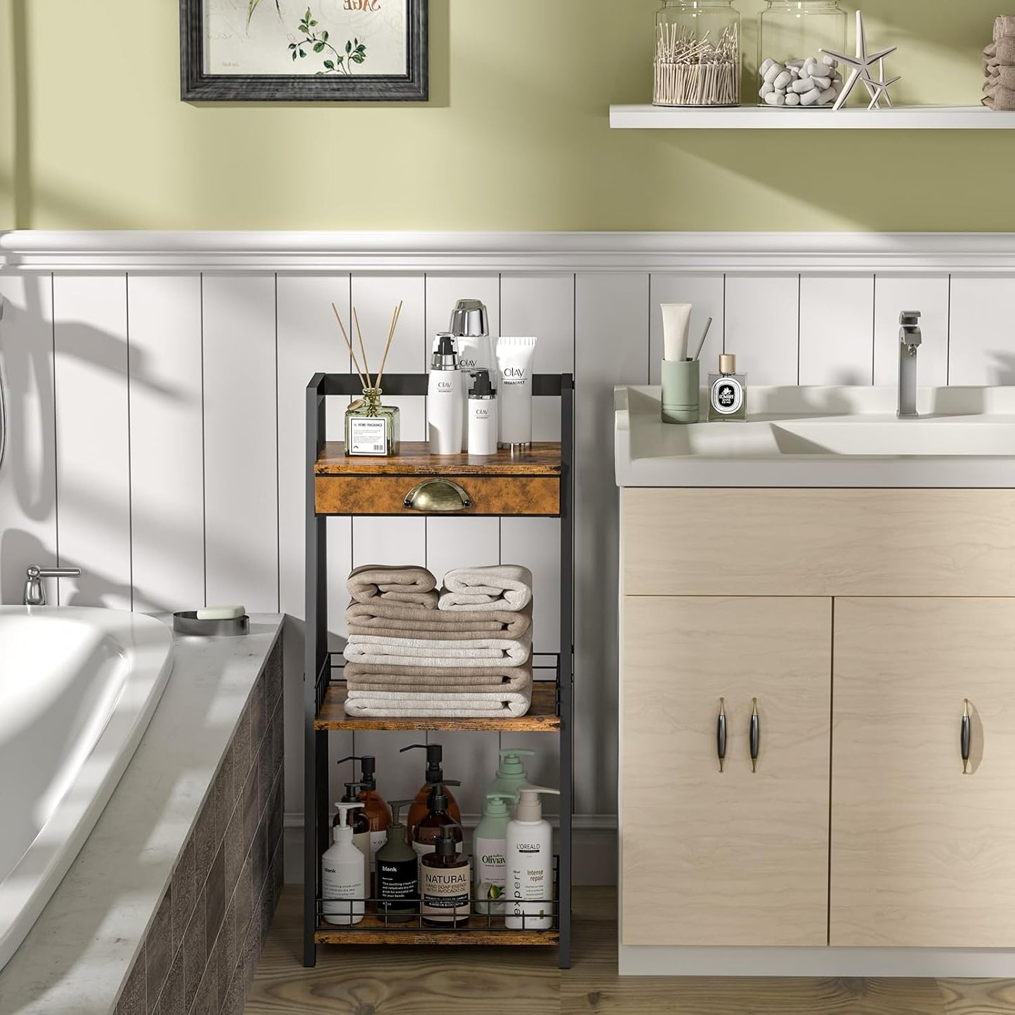 3-Tier Bathroom Storage Shelves with Drawer, Floor Bathroom Organizers and Storage, Freestanding Shelving Unit, Open Floor Stand for Living Room Laundry 