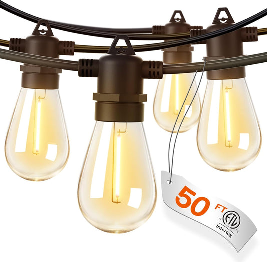 50FT LED Outdoor String Lights with Edison Shatterproof Bulbs, Weatherproof Strand, Commercial Grade Patio Lights, Decorative for Garden or Patio, Black 