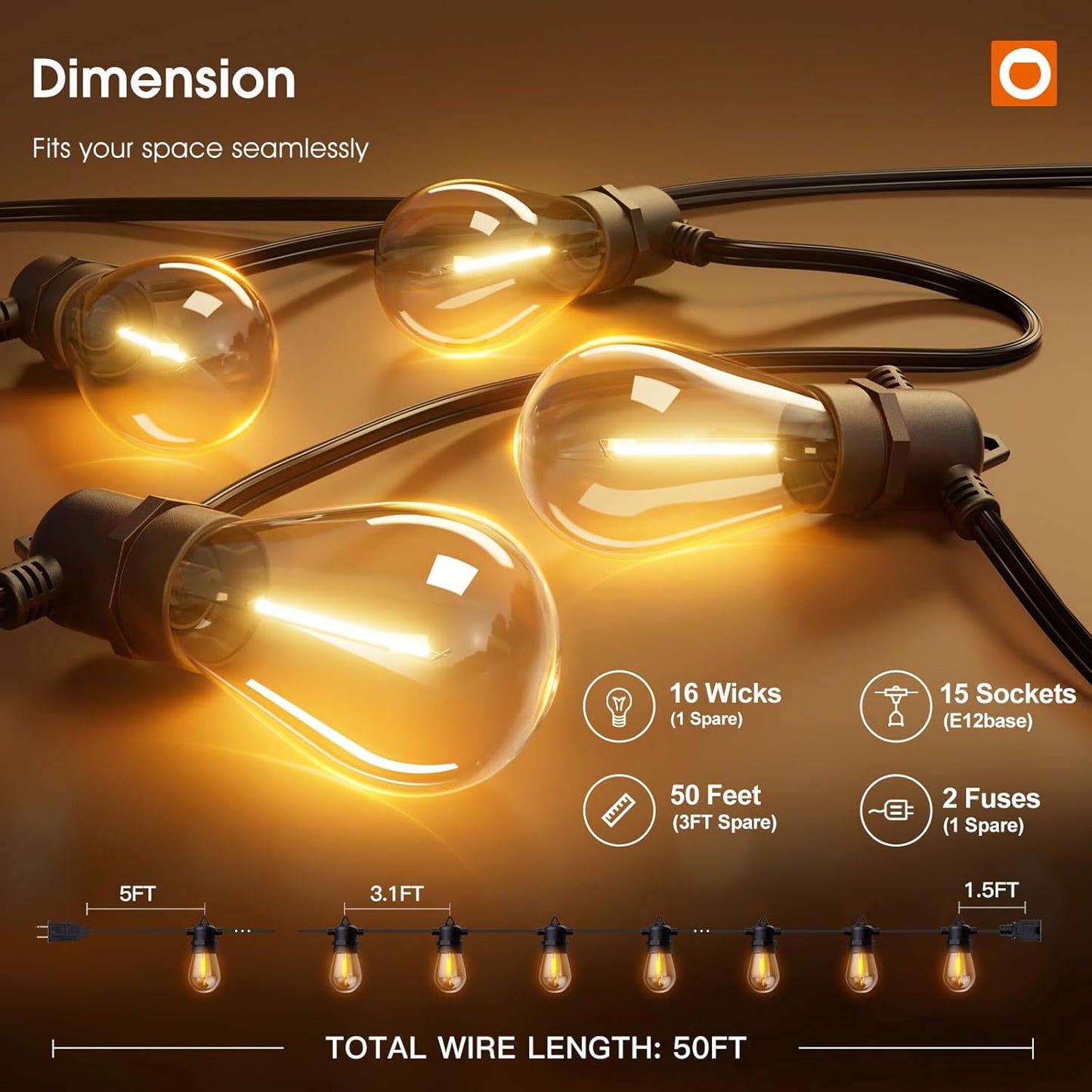 50FT LED Outdoor String Lights with Edison Shatterproof Bulbs, Weatherproof Strand, Commercial Grade Patio Lights, Decorative for Garden or Patio, Black