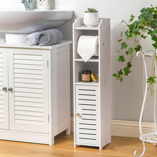 Toilet Paper Holder Stand: Bathroom Storage Cabinet Beside Toilet for Small Space Bathroom with Toilet Roll Holder - White 