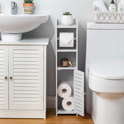 Toilet Paper Holder Stand: Bathroom Storage Cabinet Beside Toilet for Small Space Bathroom with Toilet Roll Holder - White 