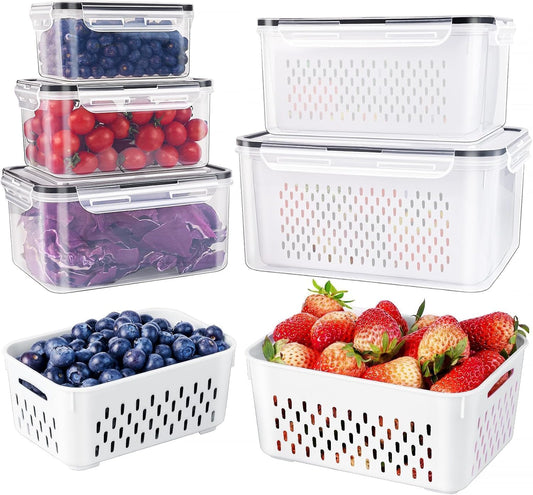 5 PCS Large Fruit Containers for Fridge - Leakproof Food Storage Containers with Removable Colander - Dishwasher &amp; microwave safe Produce Containers Keep Fruits, Vegetables, Berry, Meat Fresh longer 