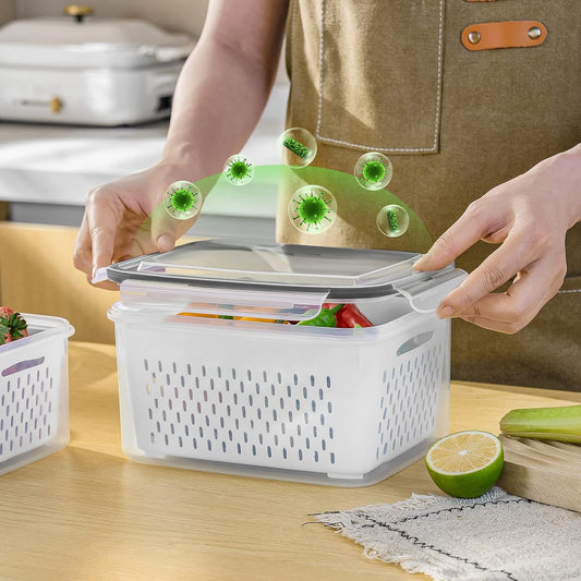 5 PCS Large Fruit Containers for Fridge - Leakproof Food Storage Containers with Removable Colander - Dishwasher &amp; microwave safe Produce Containers Keep Fruits, Vegetables, Berry, Meat Fresh longer 