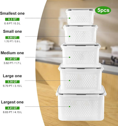 5 PCS Large Fruit Containers for Fridge - Leakproof Food Storage Containers with Removable Colander - Dishwasher &amp; microwave safe Produce Containers Keep Fruits, Vegetables, Berry, Meat Fresh longer 