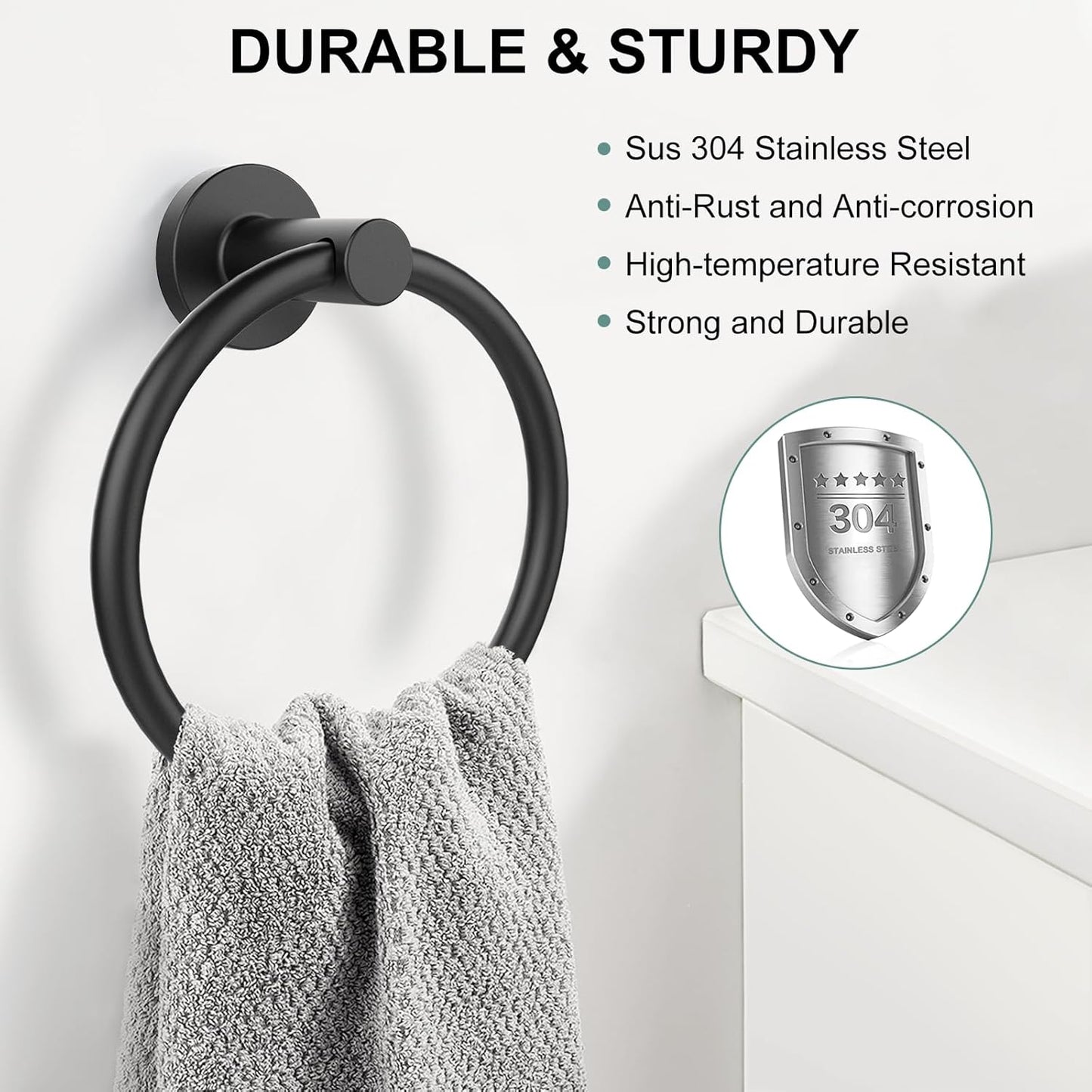 Towel Holder for Bathroom Wall Matte Black Towel Ring 304 Stainless Steel Hand Towel Holder Heavy Duty Towel Hanger for Bath