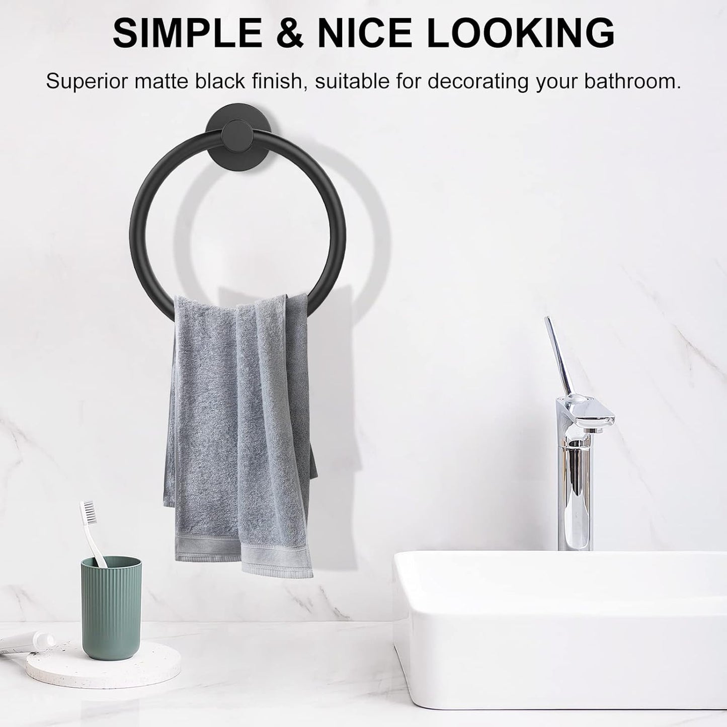 Towel Holder for Bathroom Wall Matte Black Towel Ring 304 Stainless Steel Hand Towel Holder Heavy Duty Towel Hanger for Bath
