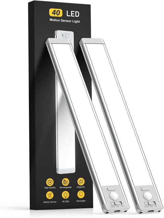 Under Cabinet Lighting, 40 LED Rechargeable Battery Operated Motion Sensor Light Indoor, 2 Pack Magnetic Dimmable Closet Lights, Wireless Under Counter Lights for Kitchen, Stairs 