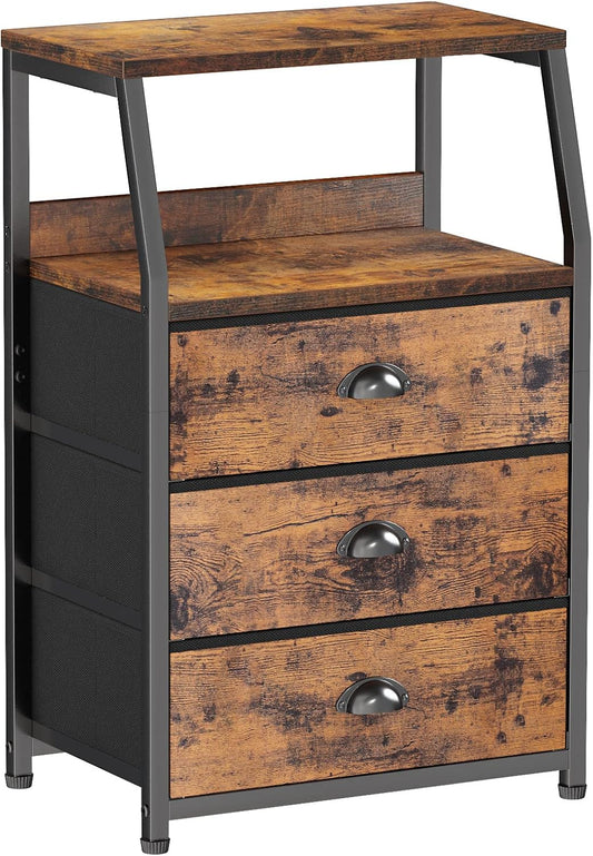 Nightstand with 3 Drawers and 2-Tier Shelf, Fabric Small Dresser Organizer Vertical Storage Tower for Bedroom, Closet, Hallway, Nursery, End Table Side Furniture, Sturdy Steel Frame, Wood Top 