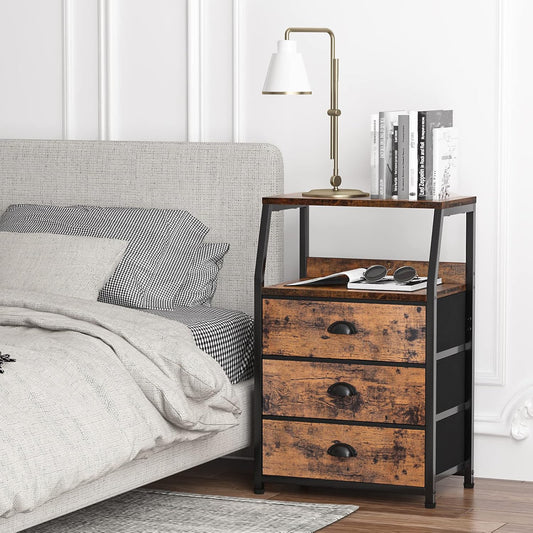 Nightstand with 3 Drawers and 2-Tier Shelf, Fabric Small Dresser Organizer Vertical Storage Tower for Bedroom, Closet, Hallway, Nursery, End Table Side Furniture, Sturdy Steel Frame, Wood Top 