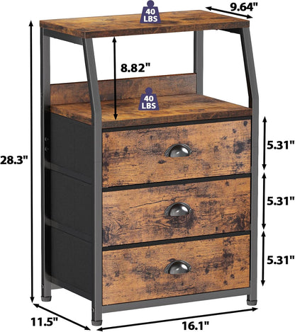 Nightstand with 3 Drawers and 2-Tier Shelf, Fabric Small Dresser Organizer Vertical Storage Tower for Bedroom, Closet, Hallway, Nursery, End Table Side Furniture, Sturdy Steel Frame, Wood Top 