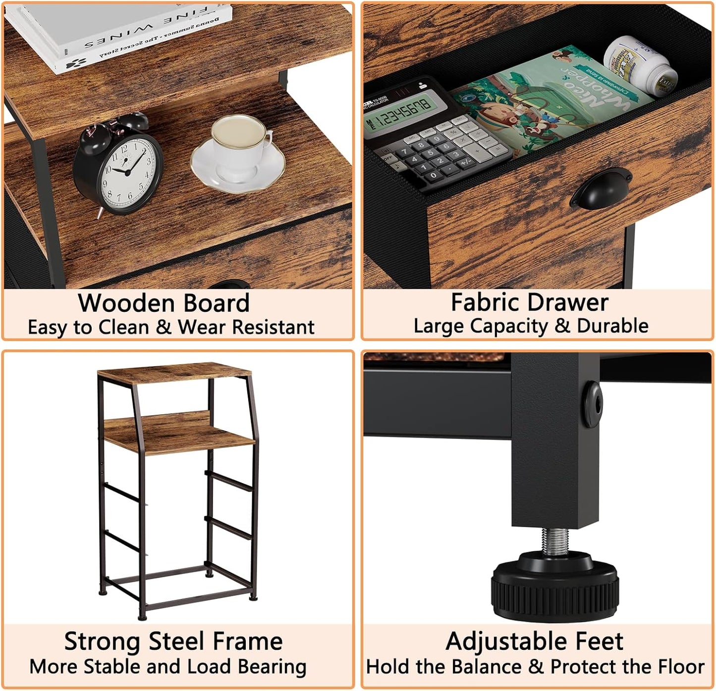 Nightstand with 3 Drawers and 2-Tier Shelf, Fabric Small Dresser Organizer Vertical Storage Tower for Bedroom, Closet, Hallway, Nursery, End Table Side Furniture, Sturdy Steel Frame, Wood Top 