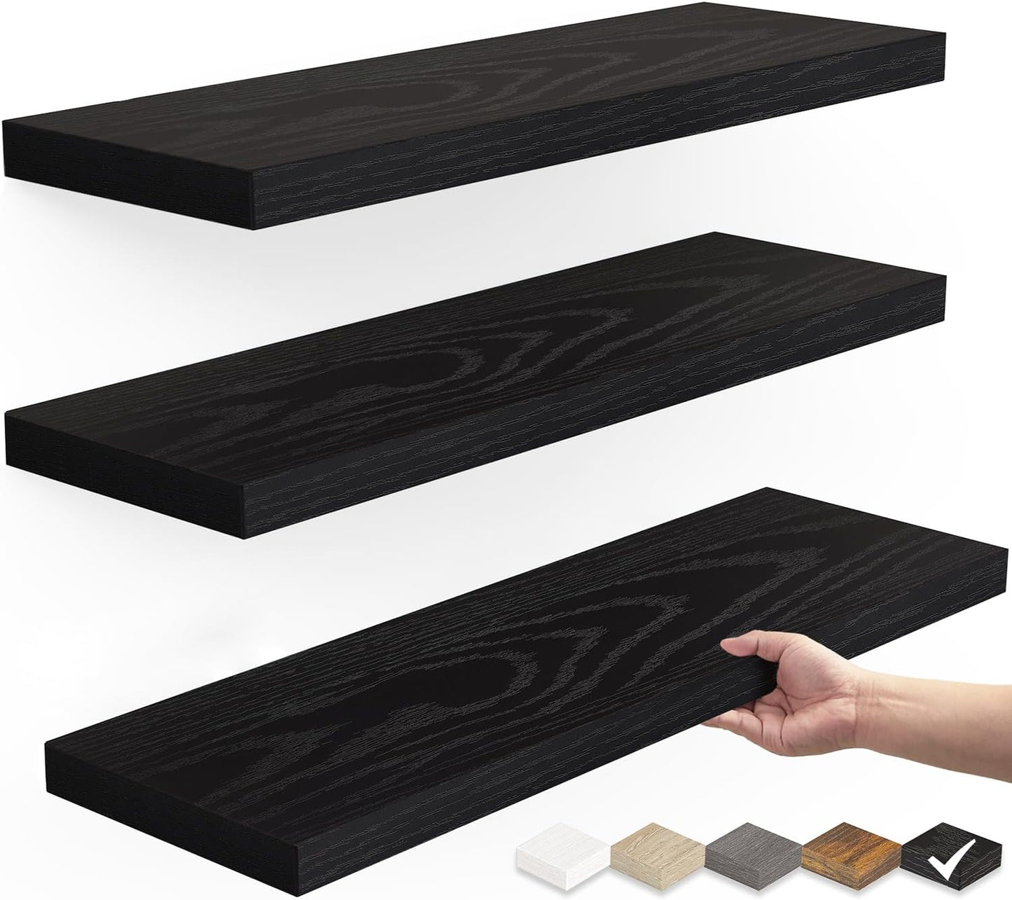 Floating Shelves for Wall, Wall Mounted Rustic Wood Shelves for Bathroom, Bedroom, Living Room, Kitchen, Hanging Shelf for Books/Storage/Room Decor with 22lbs Capacity (Black, Set of 3, 15.7in)