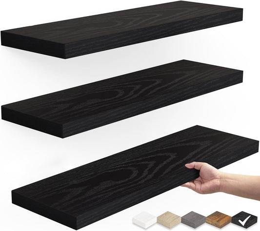 Floating Shelves for Wall, Wall Mounted Rustic Wood Shelves for Bathroom, Bedroom, Living Room, Kitchen, Hanging Shelf for Books/Storage/Room Decor with 22lbs Capacity (Black, Set of 3, 15.7in) 