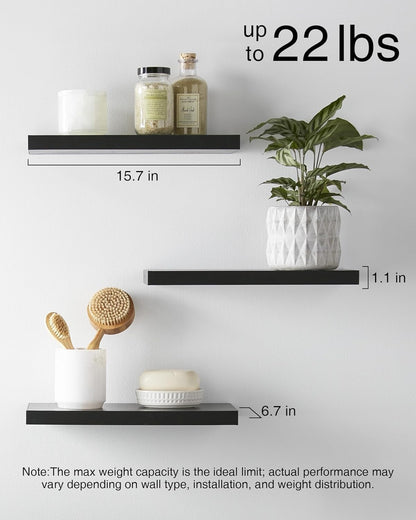 Floating Shelves for Wall, Wall Mounted Rustic Wood Shelves for Bathroom, Bedroom, Living Room, Kitchen, Hanging Shelf for Books/Storage/Room Decor with 22lbs Capacity (Black, Set of 3, 15.7in)