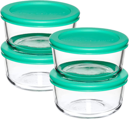 2 Cup Glass Storage Containers with Lids, Set of 4 Glass Food Storage Containers with Mint SnugFit Lids
