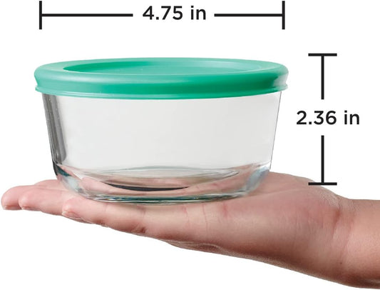 2 Cup Glass Storage Containers with Lids, Set of 4 Glass Food Storage Containers with Mint SnugFit Lids 