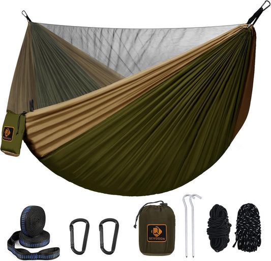 Camping Hammock, Portable Hammocks with Mosquito Net,Lightweight Nylon Parachute Hammock with 10ft Tree Straps,Camping Gear Must Haves for Travel Hiking Backpacking Beach Patio-Green&amp;Khaki 