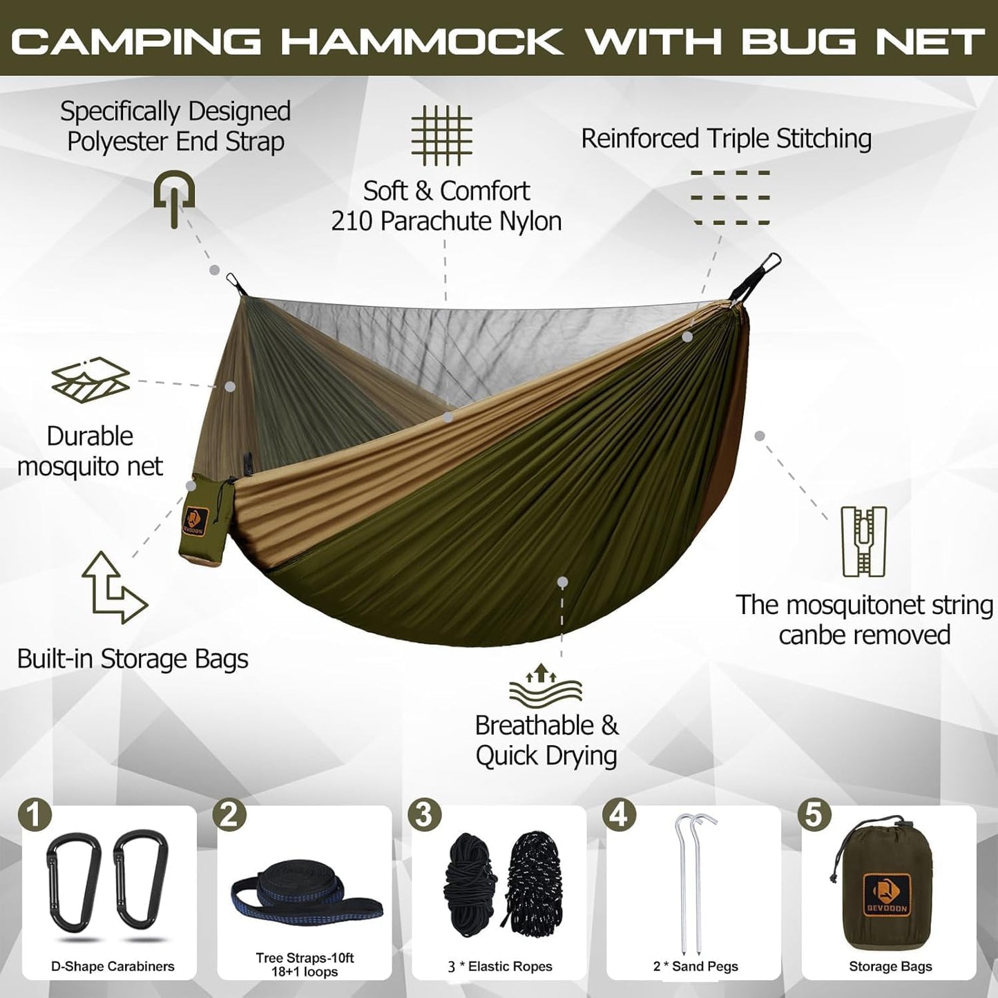 Camping Hammock, Portable Hammocks with Mosquito Net,Lightweight Nylon Parachute Hammock with 10ft Tree Straps,Camping Gear Must Haves for Travel Hiking Backpacking Beach Patio-Green&amp;Khaki 
