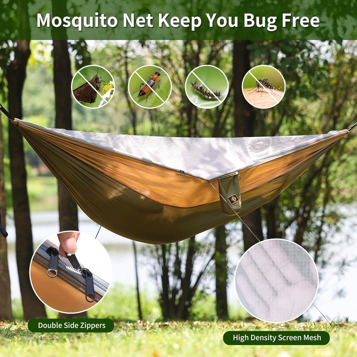 Camping Hammock, Portable Hammocks with Mosquito Net,Lightweight Nylon Parachute Hammock with 10ft Tree Straps,Camping Gear Must Haves for Travel Hiking Backpacking Beach Patio-Green&amp;Khaki 