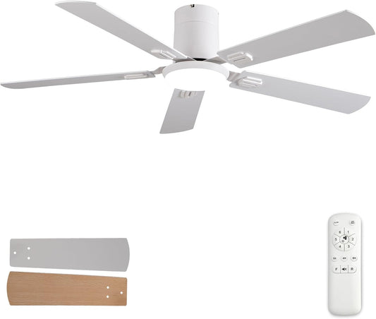 52 Inch Low Profile White Ceiling Fans with Lights and Remote,Reversible,3CCT,Flush Mount Ceiling Fan with Light for Bedroom Living Room Restauran Dinning Room Kids Room 