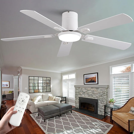 52 Inch Low Profile White Ceiling Fans with Lights and Remote,Reversible,3CCT,Flush Mount Ceiling Fan with Light for Bedroom Living Room Restauran Dinning Room Kids Room 