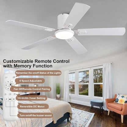 52 Inch Low Profile White Ceiling Fans with Lights and Remote,Reversible,3CCT,Flush Mount Ceiling Fan with Light for Bedroom living Room Restauran Dinning Room Kids Room