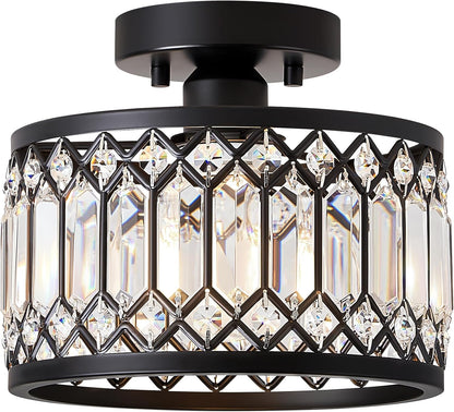 Crystal Black Ceiling Light, Modern Semi Flush Mount Ceiling Lighting Fixture, Round Hallway Lighting Fixtures for Kitchen Entryway Bedroom Laundry Room, 1-Light, 9 Inch 