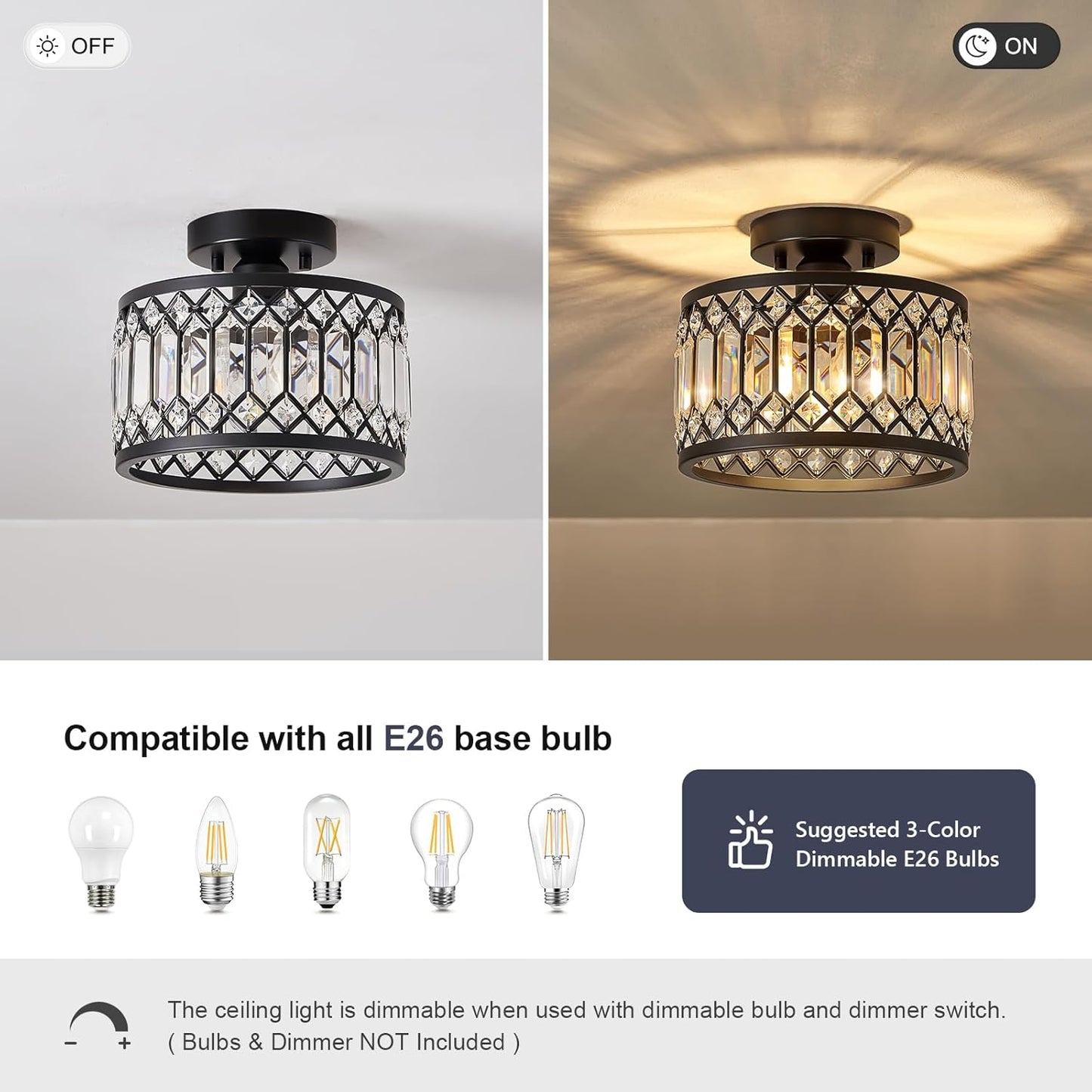 Crystal Black Ceiling Light, Modern Semi Flush Mount Ceiling Lighting Fixture, Round Hallway Lighting Fixtures for Kitchen Entryway Bedroom Laundry Room, 1-Light, 9 Inch 