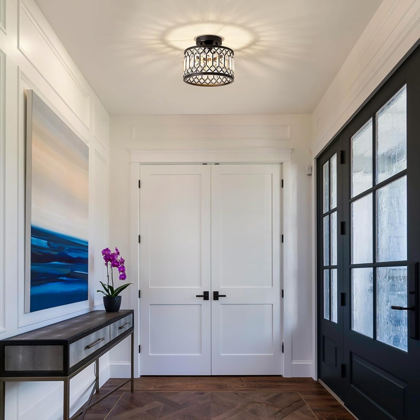 Crystal Black Ceiling Light, Modern Semi Flush Mount Ceiling Lighting Fixture, Round Hallway Lighting Fixtures for Kitchen Entryway Bedroom Laundry Room, 1-Light, 9 Inch 