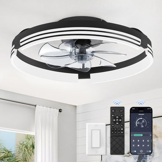 Low Profile Ceiling Fans with Lights and Remote, 20 Inch Flush Mount Ceiling Fan with Light, 3000K-6000K Dimmable Fandelier LED Fan Light, 6 Wind Speeds Black Ceiling Fans for Bedroom 