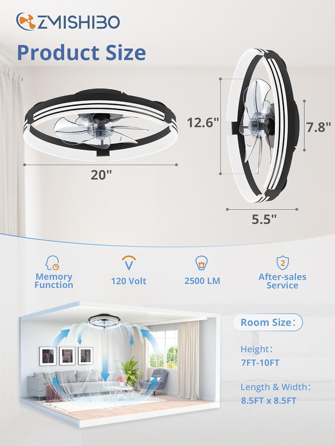Low Profile Ceiling Fans with Lights and Remote, 20 Inch Flush Mount Ceiling Fan with Light, 3000K-6000K Dimmable Fandelier LED Fan Light, 6 Wind Speeds Black Ceiling Fans for Bedroom