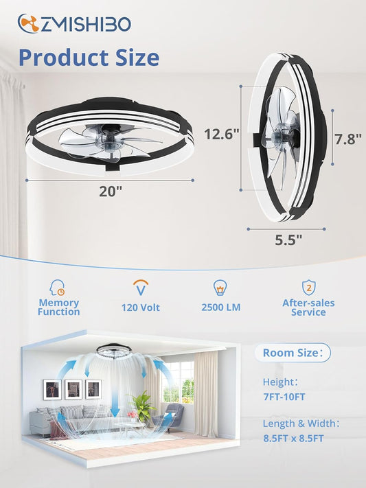 Low Profile Ceiling Fans with Lights and Remote, 20 Inch Flush Mount Ceiling Fan with Light, 3000K-6000K Dimmable Fandelier LED Fan Light, 6 Wind Speeds Black Ceiling Fans for Bedroom 