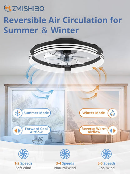 Low Profile Ceiling Fans with Lights and Remote, 20 Inch Flush Mount Ceiling Fan with Light, 3000K-6000K Dimmable Fandelier LED Fan Light, 6 Wind Speeds Black Ceiling Fans for Bedroom
