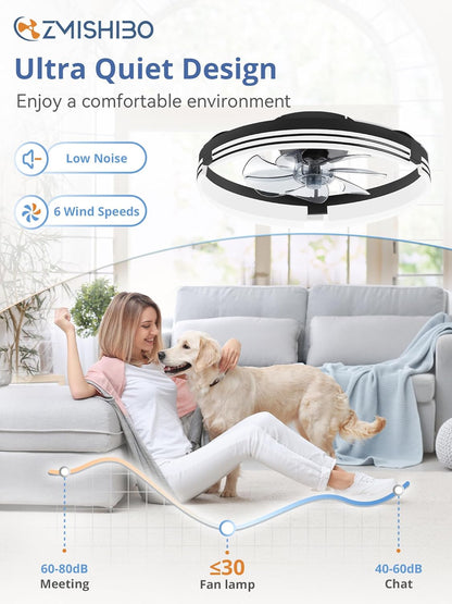 Low Profile Ceiling Fans with Lights and Remote, 20 Inch Flush Mount Ceiling Fan with Light, 3000K-6000K Dimmable Fandelier LED Fan Light, 6 Wind Speeds Black Ceiling Fans for Bedroom