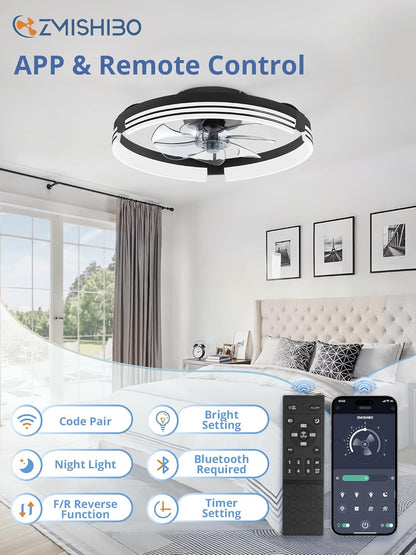 Low Profile Ceiling Fans with Lights and Remote, 20 Inch Flush Mount Ceiling Fan with Light, 3000K-6000K Dimmable Fandelier LED Fan Light, 6 Wind Speeds Black Ceiling Fans for Bedroom