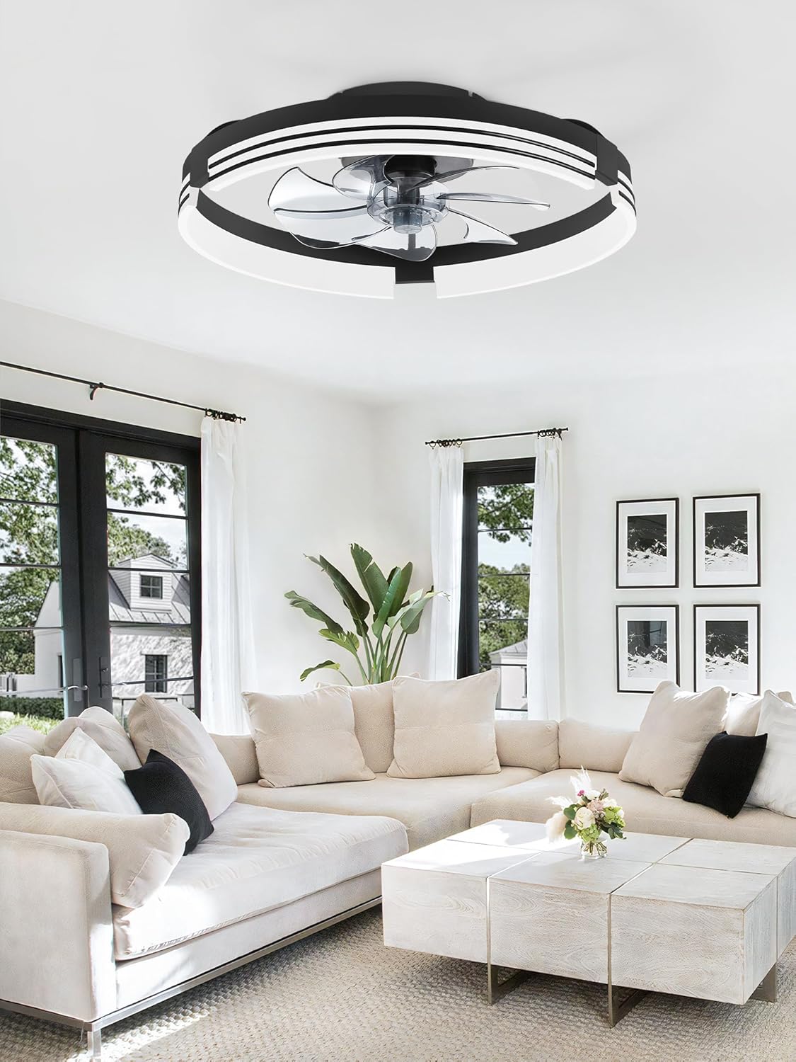 Low Profile Ceiling Fans with Lights and Remote, 20 Inch Flush Mount Ceiling Fan with Light, 3000K-6000K Dimmable Fandelier LED Fan Light, 6 Wind Speeds Black Ceiling Fans for Bedroom